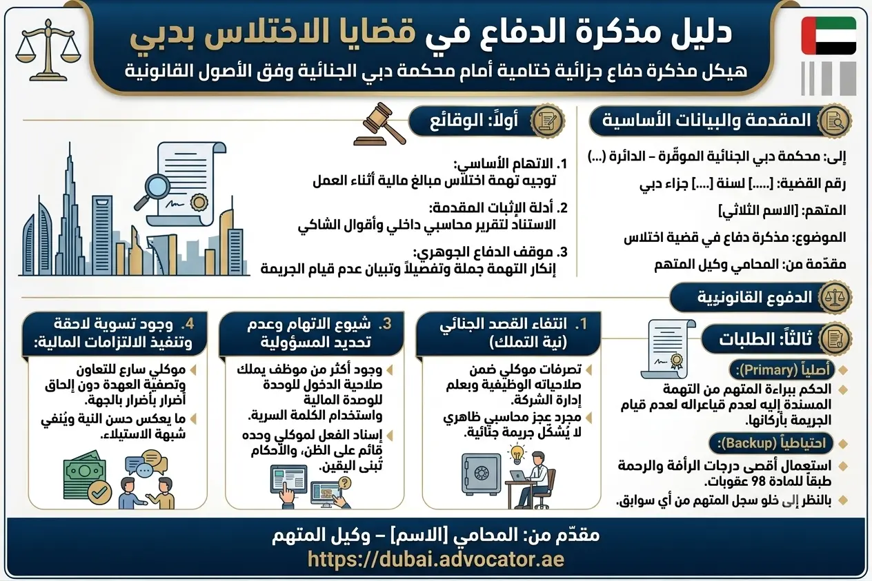 نموذج مذكرة دفاع في قضية اختلاس أمام محكمة دبي الجنائية