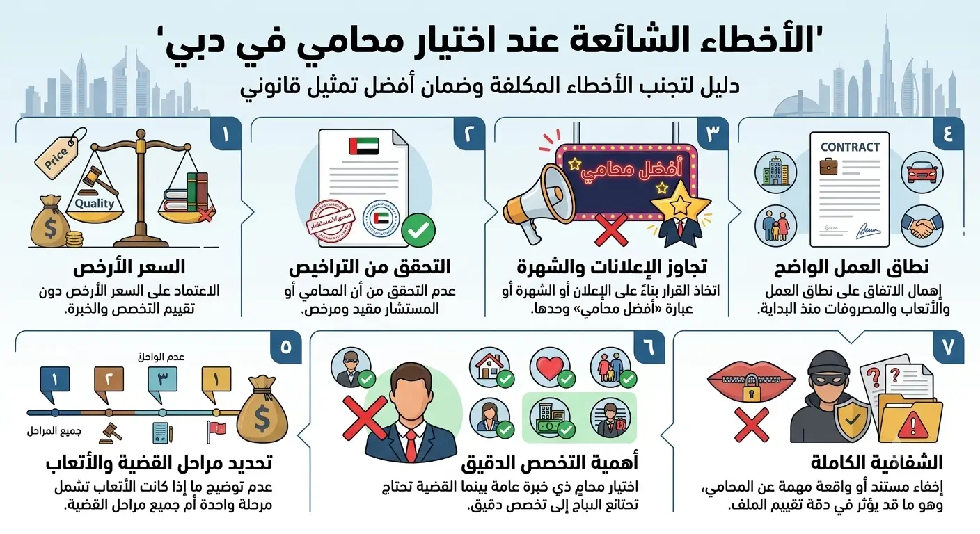 الأخطاء الشائعة عند اختيار محامي في دبي