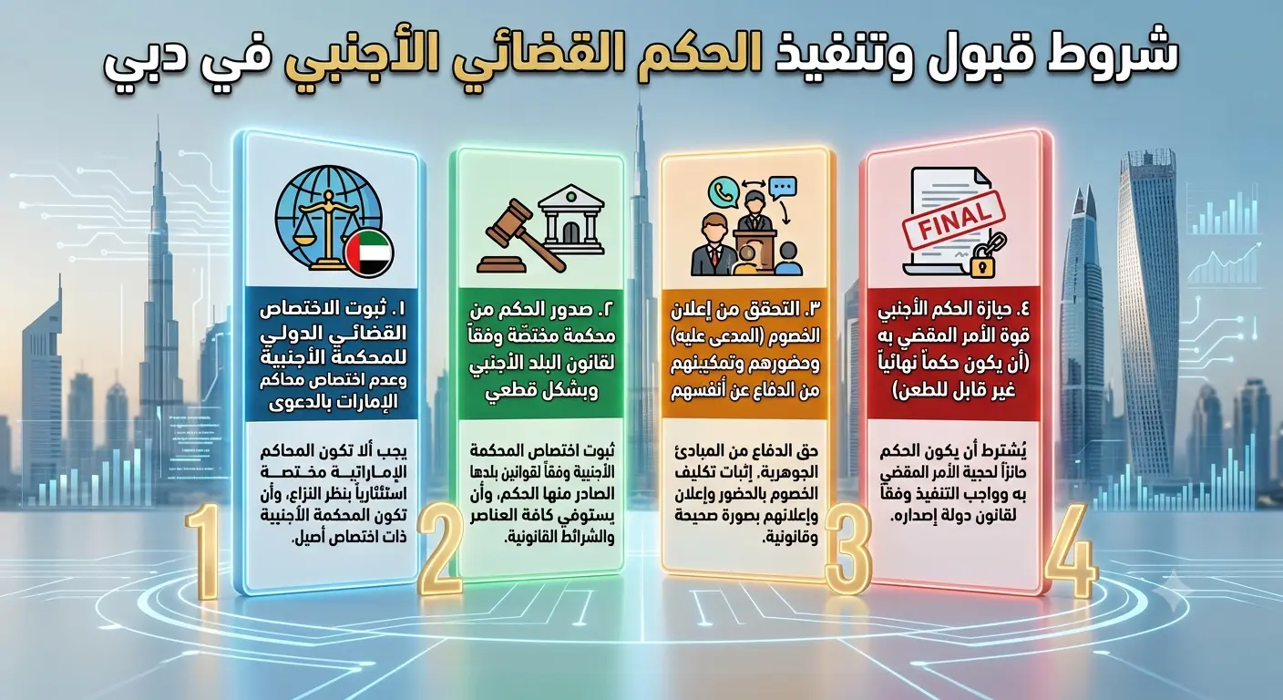 شروط قبول وتنفيذ الحكم القضائي الأجنبي في دبي