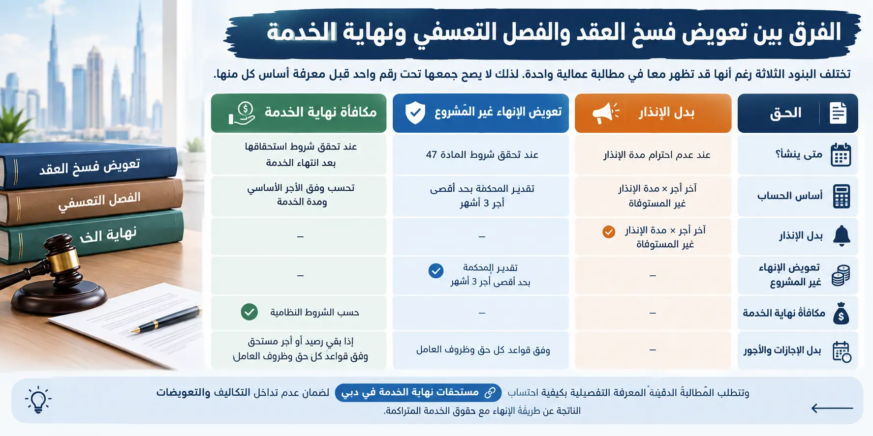 الفرق بين تعويض فسخ عقد العمل والفصل التعسفي ونهاية الخدمة